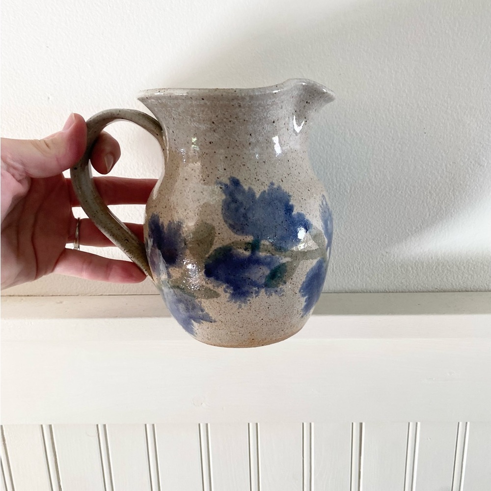 Vintage Little Mountain Pottery Vase/ Pitcher with Blue Floral Accents